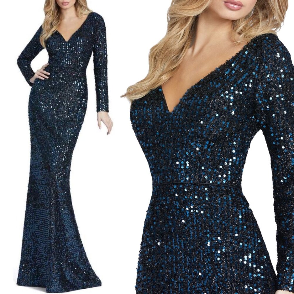Mac Duggal Size 0 Black Blue Long‎ Sleeve Sequin V-Neck Maxi Dress Evening Gown